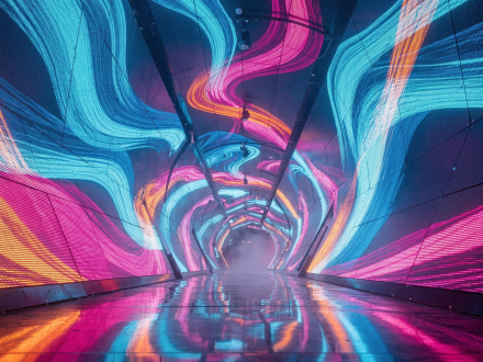 T&uacute;nel inmersivo con luces LED y visuales din&aacute;micos dise&ntilde;ado para eventos experienciales