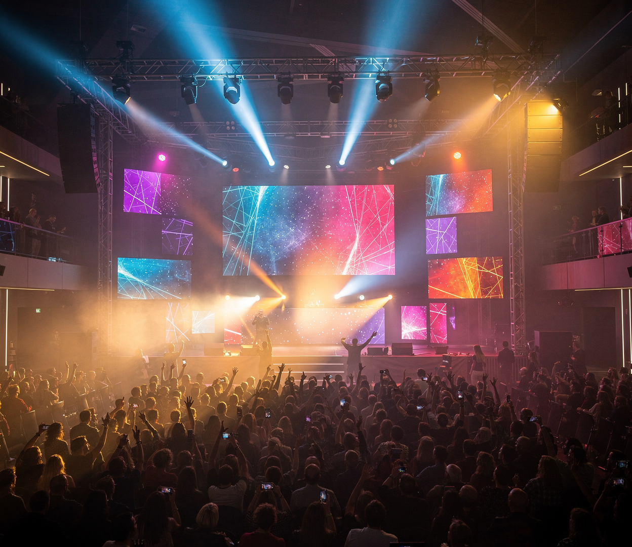 Escenario con pantallas LED y efectos de luz en un evento en vivo organizado por Panta Rei Events.