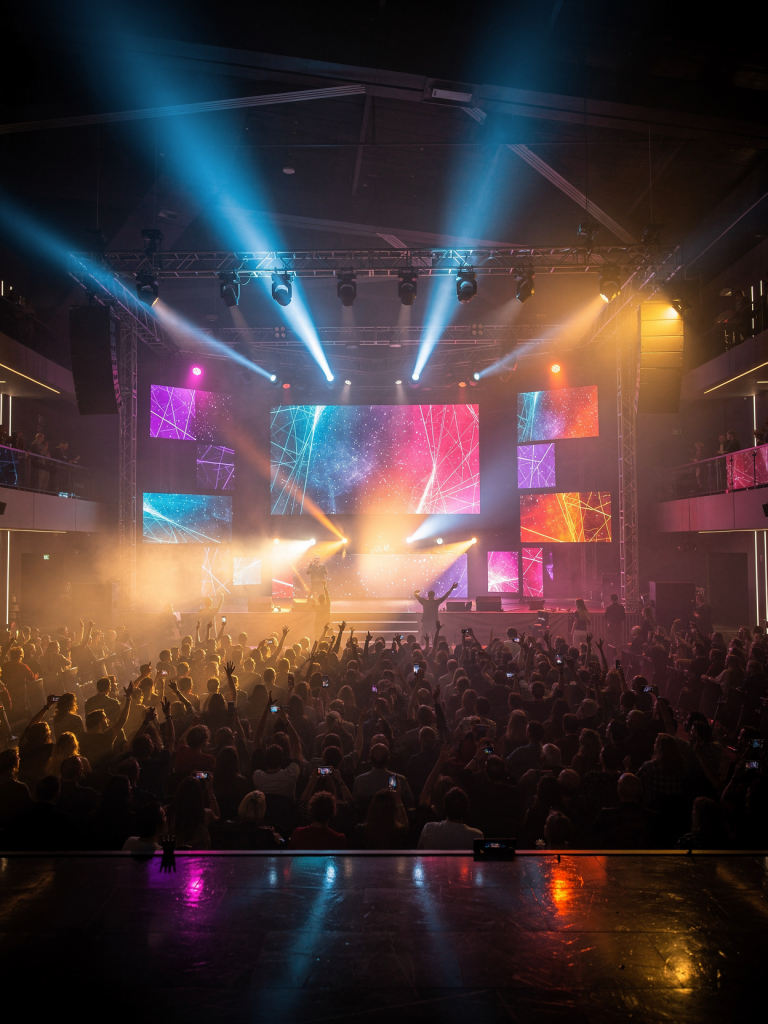 Escenario con pantallas LED y efectos de luz en un evento en vivo organizado por Panta Rei Events.