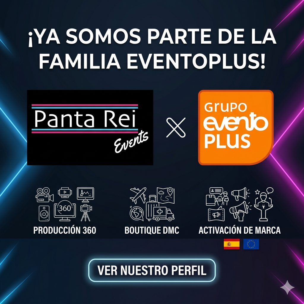 Montaje de cena de gala corporativa premium gestionado por Panta Rei Events. Dise&ntilde;o con el logotipo de la agencia y sus tres pilares: Producci&oacute;n 360, Boutique DMC y Activaci&oacute;n de Marca.
