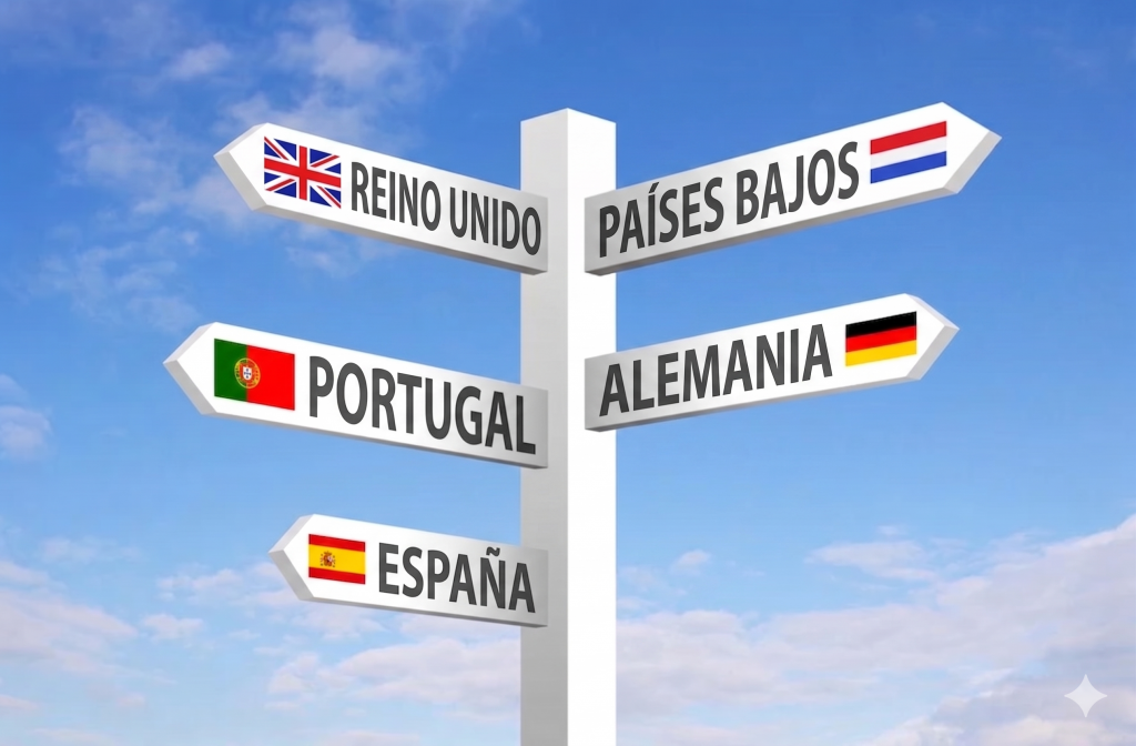 Poste de se&ntilde;alizaci&oacute;n con los principales destinos europeos para eventos corporativos: Espa&ntilde;a, Portugal, Alemania, Reino Unido y Pa&iacute;ses Bajos.