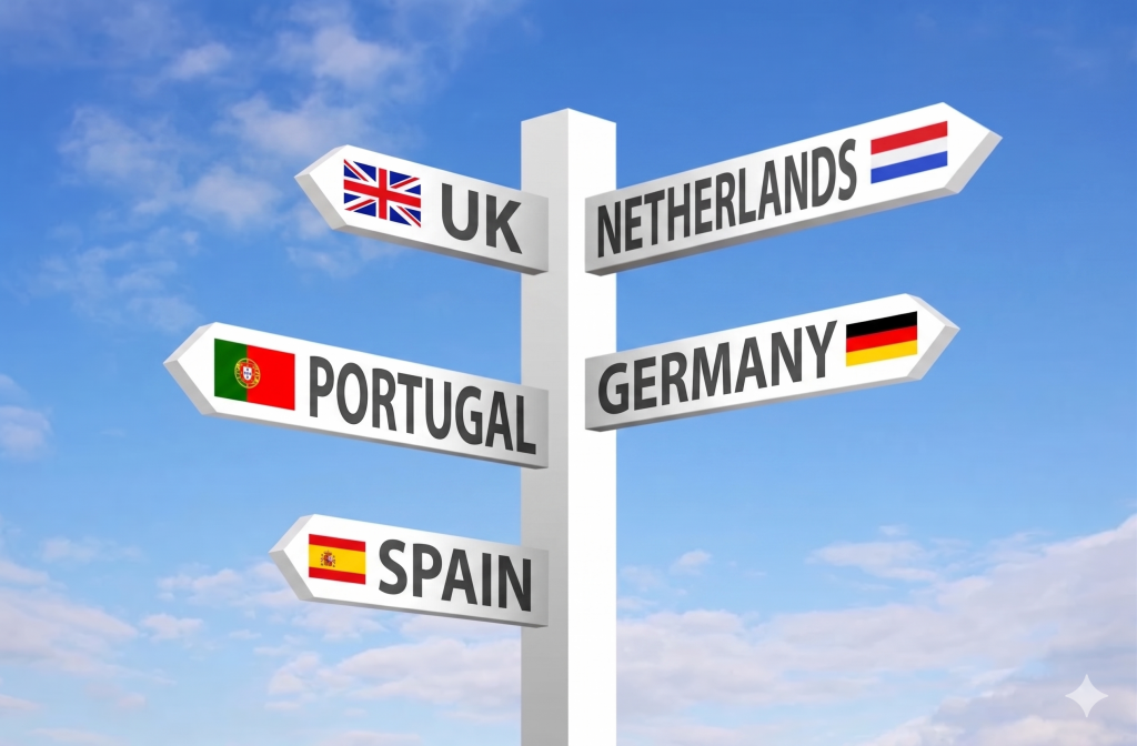Directional signpost showing Panta Rei Events key European destinations for DMC services: Spain, Portugal, Germany, UK, and Netherlands.
